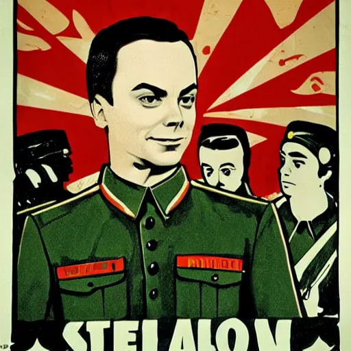 Prompt: propaganda poster of Sheldon Cooper in front of a large army