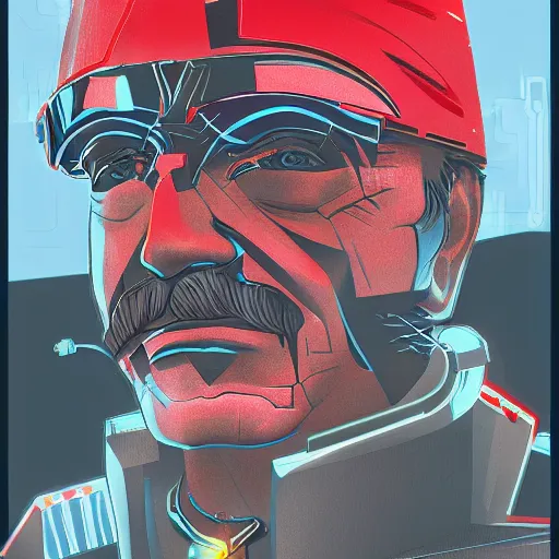 Image similar to cyberpunk joseph stalin as the leader of a futuristic communist society, cybernetics, sharp lines, digital, artstation, colored in