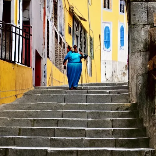 Image similar to an obese Indian woman holding a rollator climbing steps in Porto