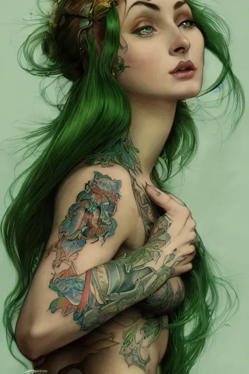 Image similar to upper body portrait shot of green hair tattooed pinup sophie turner, masterpiece, intricate, elegant, highly detailed, digital painting, artstation, concept art, smooth, sharp focus, illustration, art by artgerm and greg rutkowski and alphonse mucha and uang guangjian and gil elvgren and sachin teng, symmetry!!