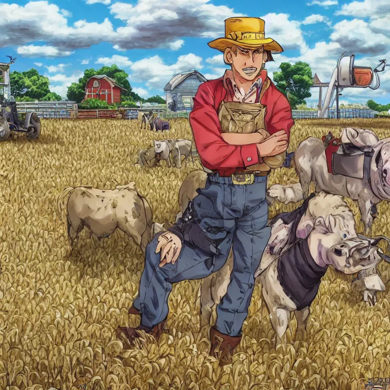 Prompt: realistic old macdonald on his farm in the style of jojo's bizarre adventure, hirohiko araki manga style highly detailed trending on artstation 8 k