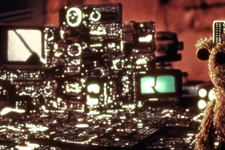 Image similar to muppet cyborg - pitbull, surrounded by screens, in 1 9 7 6, y 2 k cybercore, industrial low - light photography, still from a ridley scott movie