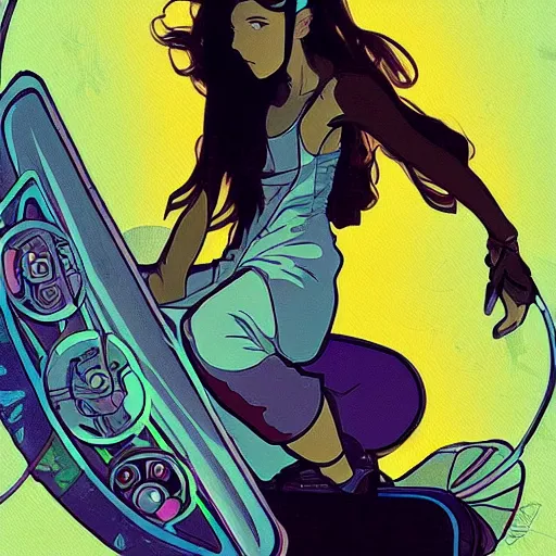 Image similar to A female hoverboarder, cyberpunk, digital art, by Studio Ghibli and Alphonse Mucha