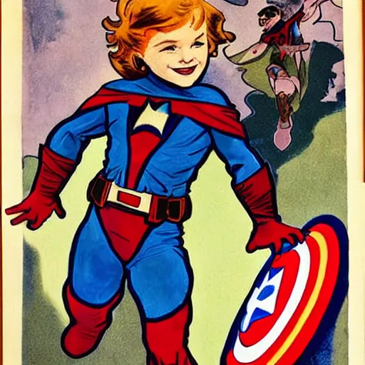 Prompt: a little boy with a mischievous face and short ginger hair. he is dressed as captain america, spider - man, batman, captain marvel, a superhero. well composed, clean elegant painting, beautiful detailed face. by steve ditko and jack kirby and alphonse mucha