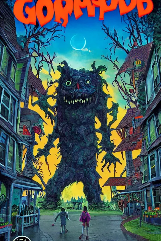 Prompt: Goosebumps book cover art of a giant creepy cartoonish monster at a theme park