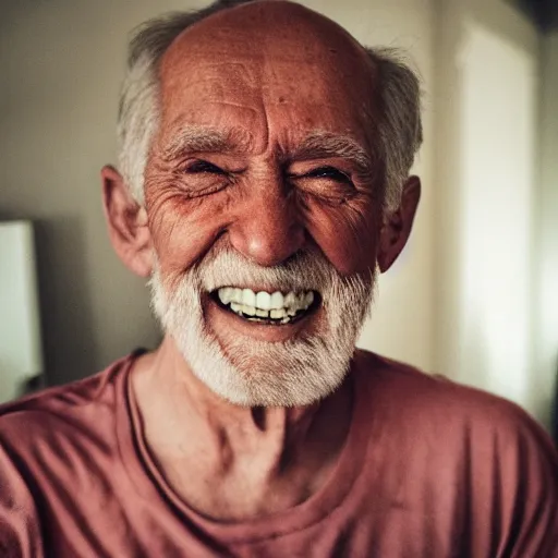 Image similar to a smiling old man seen through a mirror