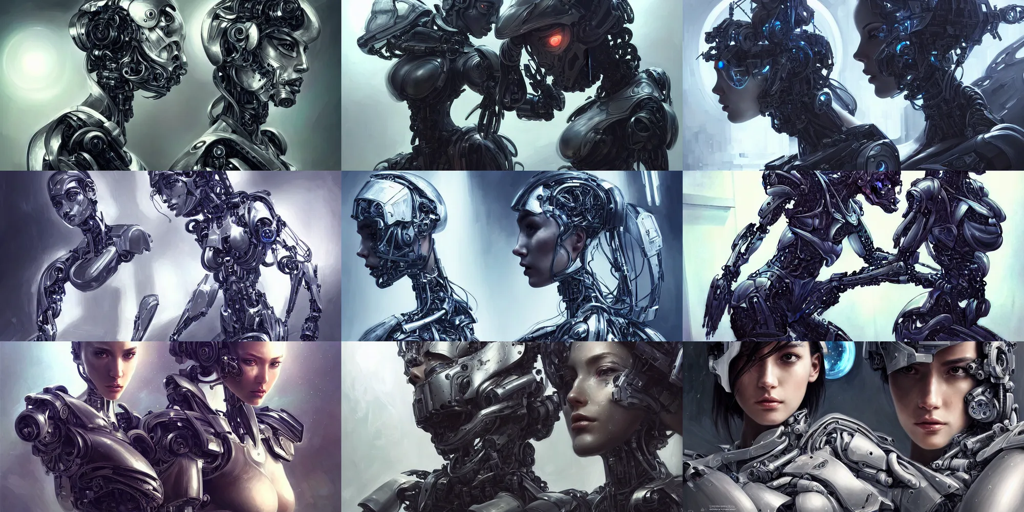 Prompt: ultra realistic beautiful alluring tactical cyborg team techno art, gorgeous face and figure, precise human anatomy, dramatic poses, inside destroyed space station, sci - fi, fantasy, intricate, elegant, highly detailed, digital painting, artstation, concept art, smooth glass skin, sharp focus, illustration, beautiful light and shadows, art by artgerm and tian zi and alphonse mucha