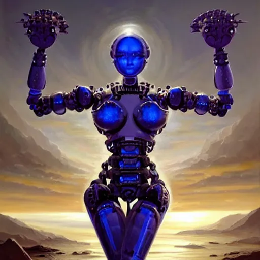 Prompt: hyper realistic mid - length art of a six - armed robot goddess holding geometric shapes, monochromatic body against a blue background. painting by greg rutkowski, scott m fischer, argerm, anne stokes, alexandros pyromallis