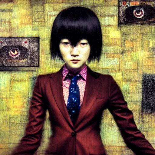 Image similar to yoshitaka amano blurred and dreamy realistic three quarter angle portrait of a young woman with short hair and black eyes wearing office suit with tie, junji ito abstract patterns in the background, satoshi kon anime, noisy film grain effect, highly detailed, renaissance oil painting, weird portrait angle, blurred lost edges