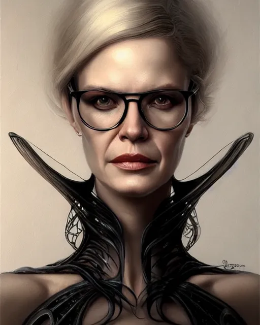 Prompt: portrait of thin blonde middle aged lady borg with glasses, giger, elegant, real life skin, intricate, high detailed, artstation, concept art, smooth, sharp focus, art by artgerm and greg rutkowski