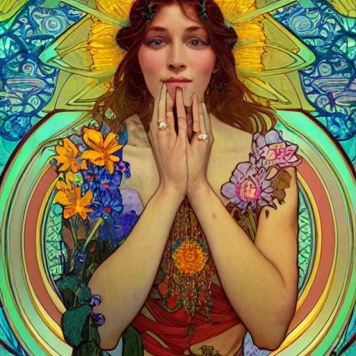 Image similar to a portrait painting of a singular beautiful female godess of spring, colorful flowers, holy geometry, tarot card style, by Mohrbacher and Moebius and Alphonse Mucha and Roger Deakins, cinematic lighting, masterpiece, golden ratio background, highly detailed, 8k resolution, trending on art station