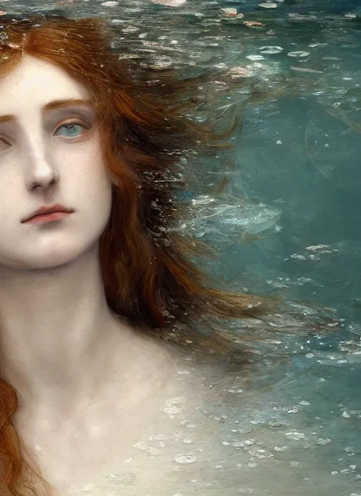 Image similar to portrait photography of a beautiful woman how pre-Raphaelites by Giovanni Gastel britt marling style 3/4with her eyes closed,inspired by Ophelia Millais Paint , the face emerges from water of Pamukkale, underwater face, the hair are intricate with highly detailed realistic beautiful brunches and flowers like crown, anatomical real full body dressed ethereal lace dress floating in water surface , Kodak Portra 400, 8K, soft light, volumetric lighting, highly detailed, britt marling style 3/4 ,, Refined, Highly Detailed, outdoor soft pastel lighting colors scheme, outdoor fine art photography, Hyper realistic, photo realistic