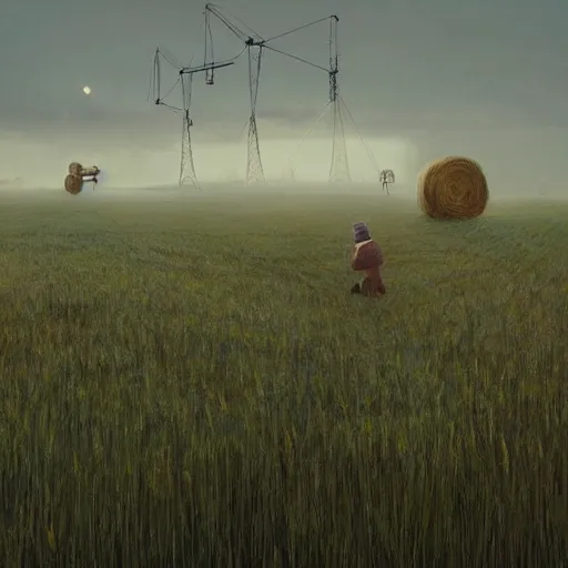 Image similar to giant mech stands over hay field by simon stalenhag, atmospheric haze, children in white jackets below look up, misty blue hour, sci fi digital painting, unreal engine 5, photorealism, hd quality, 8 k resolution, cinema 4 d, 3 d, cinematic, professional photography, art by artgerm and greg rutkowski and alphonse mucha and loish and wlop