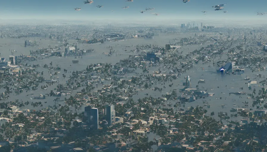 Image similar to people sitting on a hill watching flooded los angeles with multiple boris johnsons flying above the city, hyperdetailed, artstation, cgsociety, 8 k