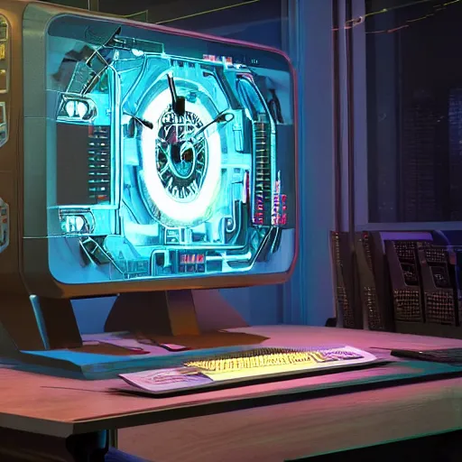 Image similar to a cyberpunk desk computer that runs on biotechnology, mechanical clock, fallout 5, studio lighting, deep colors
