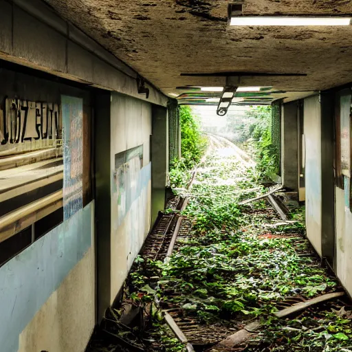 Prompt: an abandoned subway station overgrown with foliage, sun beams shining from the street above