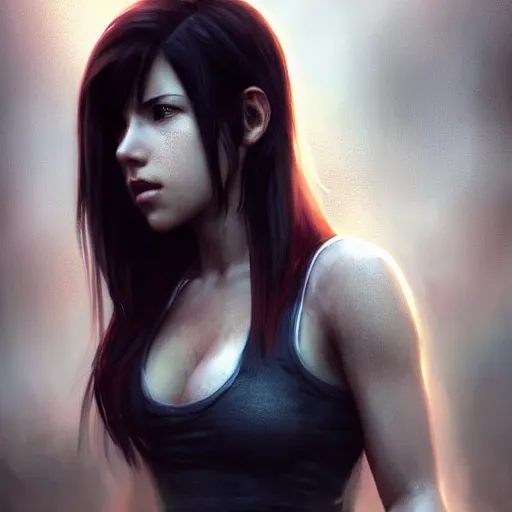 Image similar to Beautiful riveting Tifa Lockhart portrait, face centered portrait, Confident, fog, rain, volumetric lighting, beautiful, golden hour, sharp focus, ultra detailed, conceptartworld by Leesha Hannigan, Ross Tran, Thierry Doizon, Kai Carpenter,Ignacio Fernández Ríos