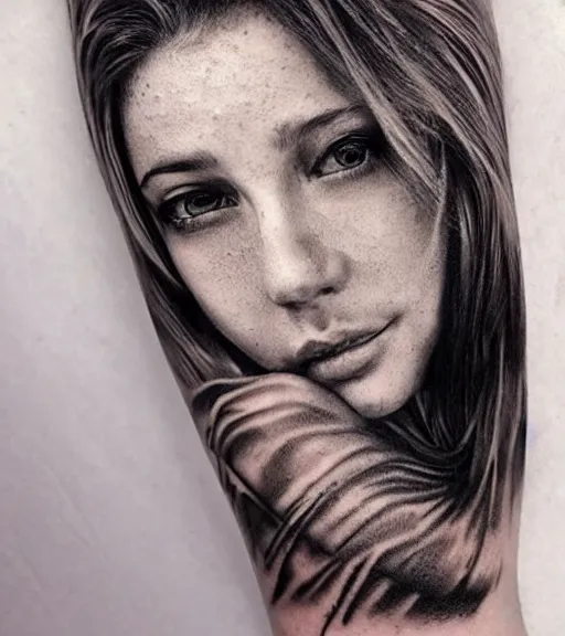 Image similar to a beautiful girl portrait in amazing nature and mountains, realism tattoo, in the style of den yakovlev, black and white, faded drawing, hyper realistic, highly detailed