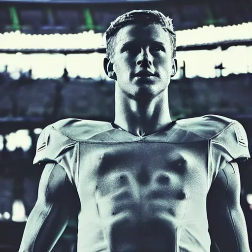 Image similar to “ a realistic detailed photo of a guy who is an attractive humanoid who is half robot and half humanoid, who is a male android, football player christian mccaffrey, shiny skin, posing like a statue, blank stare, on the field, on display ”