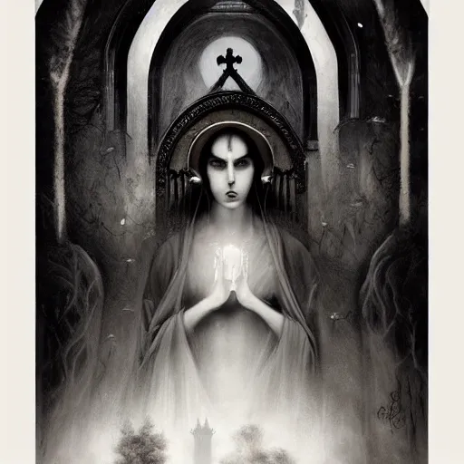 Image similar to By Tom Bagshaw, ultra realist soft painting of a gothic crypt by night, Kawai female nun and dressed, horror, omnious sky, symmetry accurate features, very intricate details, black and white, volumetric light clouds