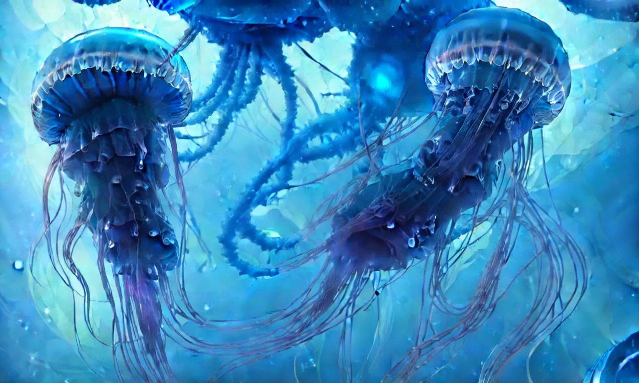 Image similar to detailed jellyfish in space, blue tones, underwater, full frame, highly detailed, digital painting, artstation, concept art, smooth, sharp focus, illustration, art greg rutkowski and alphonse mucha