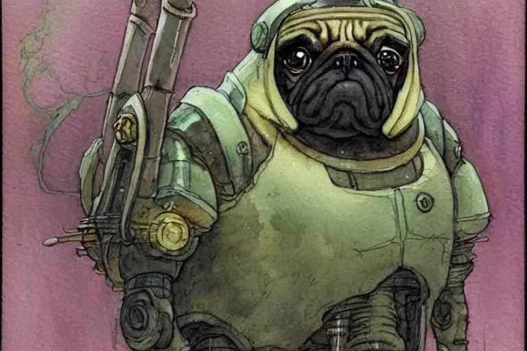 Image similar to a simple and atmospheric watercolour fantasy character concept art portrait of a mechanized android pug as a druidic warrior wizard looking at the camera with an intelligent gaze, very muted colors, by rebecca guay, michael kaluta, charles vess and jean moebius giraud