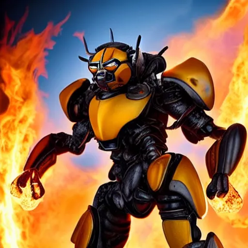 Image similar to still photo of bumblebee with fire in its eyes, insect photography, highly detailed, photorealistic portrait, bright studio setting, studio lighting, crisp quality and light reflections, unreal engine 5 quality render