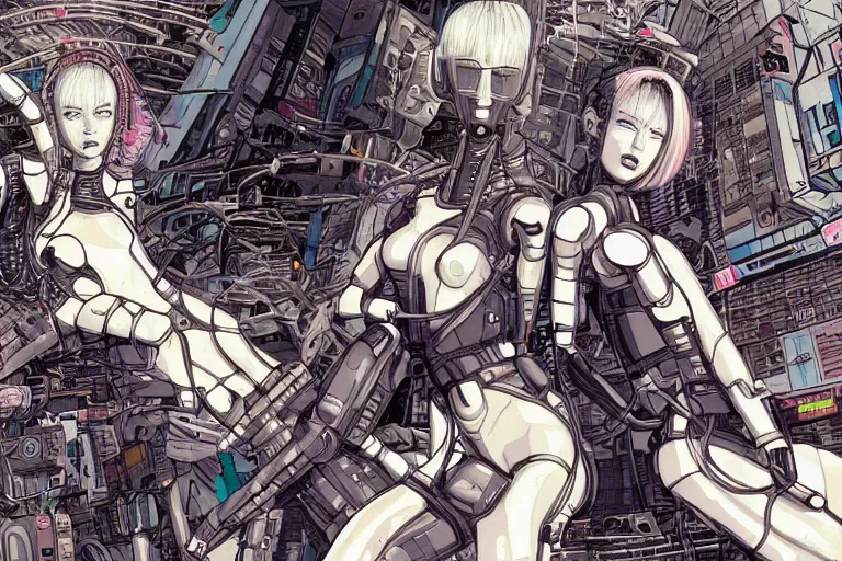 Prompt: a cyberpunk illustration of a group of four female androids in style of masamune shirow, lying scattered across an empty, white floor with their bodies rotated in different poses and cables and wires coming out, by yukito kishiro and katsuhiro otomo, hyper-detailed, intricate