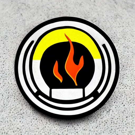 Prompt: a photo of a retro 1 9 6 0 s minimalistic clean fire flames warning label hard enamel pin, studio lighting, behance