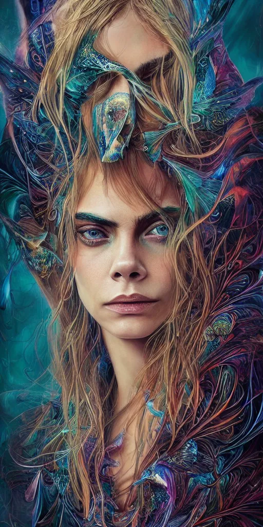 Image similar to an absolutely gorgeous portrait of Cara Delevigne by Android Jones, wings, fractals, Gorgeous colors, face symmetry, insane detail, gorgeous colors, strong composition, awe inspiring lighting, psychedelic, volumetric light, symmetry, subsurface scattering