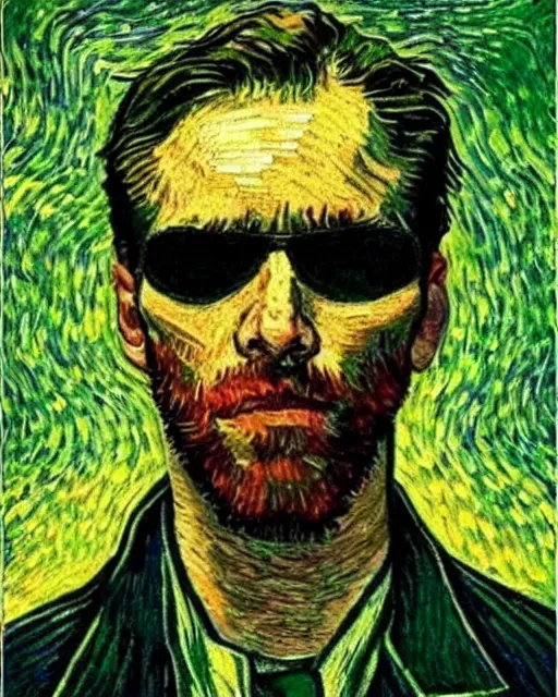 Image similar to The Matrix movie frame in the style of Van Gogh self portrait, face, detailed, sharp focus