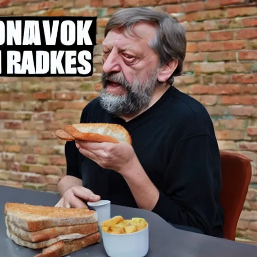 Prompt: Slavoj Zizek trying to eat a sandwich but it keeps disintegrating into both saliva and ideology before it gets to his mouth wearing a black t-shirt v-neck Dom Qwek igor wolski greg simpkins kirbi fagan alex heywood greg rutkowski john howe sergi brosa dave melvin sam nielson anthony sieben thomas duchek andree wallin adam adamowicz piotr kowalski bobby chiu jared nickerson jake souva marc sarmel goro fujita