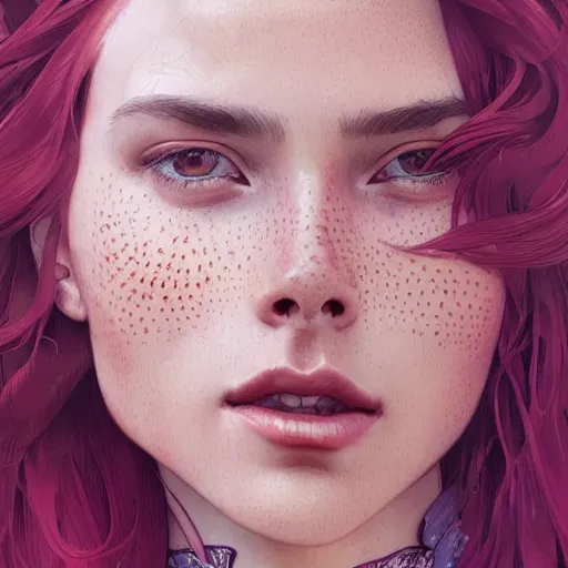 Image similar to close up portrait of a beautiful girl with red hair and freckles, intricate, elegant. highly detailed, digital painting, artstation, concept art, smooth, sharp, focus, illustration. background is purple, art by artgerm and greg rutkowski and alphonse mucha,