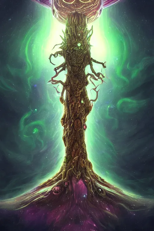 Image similar to yggdrasil as an enormous sentient deity of the stars made of exotic matter resides inside null space, a dnd illustration of an esoteric concept by cgsociety and james gurney, artstation, hdr, rtx, iridescent