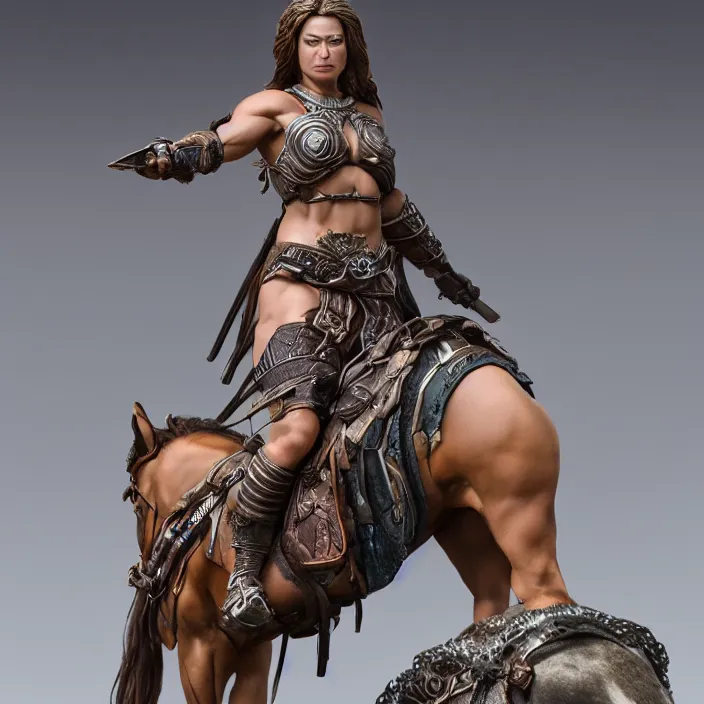 Image similar to 80mm resin detailed miniature of a Muscular Woman warrior with a Horse, Product Introduction Photos, 4K, Full body, simple background