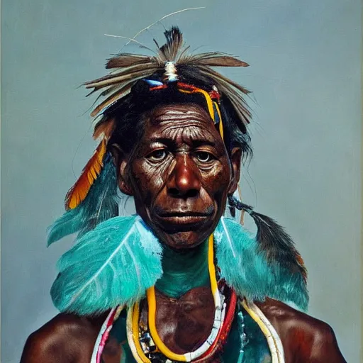 Image similar to high quality high detail painting by lucian freud and jenny saville, hd, full body of a indigenous tribe leader, turquoise color, photorealistic lighting