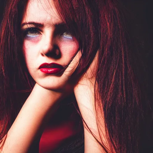 Image similar to photo of a woman. moody and melanchonic. with small amount of red and yellow