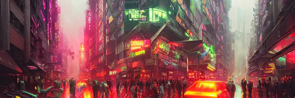 Image similar to overly crowded street of a cyberpunk city, rain, harsh neon lights, highly detailed, digital painting, trending on artstation, concept art, sharp focus, illustration, art by artgerm and greg rutkowski and magali villeneuve