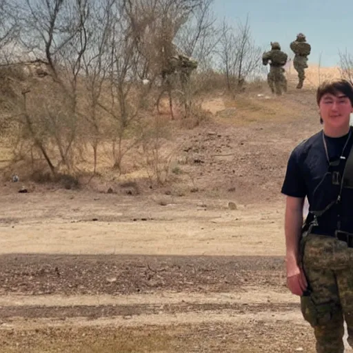 Prompt: mrbeast standing in front of an active military battlefield, posing, charismatic, gunfire, explosions in background