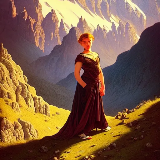 Image similar to of Willow team in Armenia hiking at a weekend and posing with mountains on the background, dark fantasy, medium shot, intricate, ornate, elegant, highly detailed, digital painting, volumetric light, artstation, concept art, smooth, sharp focus, illustration, art by Gil elvgren and charlie bowater and greg rutkowski and alphonse mucha