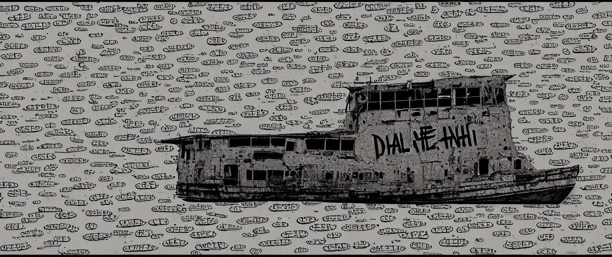 Image similar to an abandoned ship in the aral sea desert, in the style of daniel johnston and outsider art, 8 k, line brush, overlaid with chinese adverts