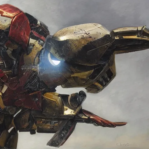 Image similar to Photorealistic oil painting of a scrap built Iron Man suit flying in a Post Apocalyptic world