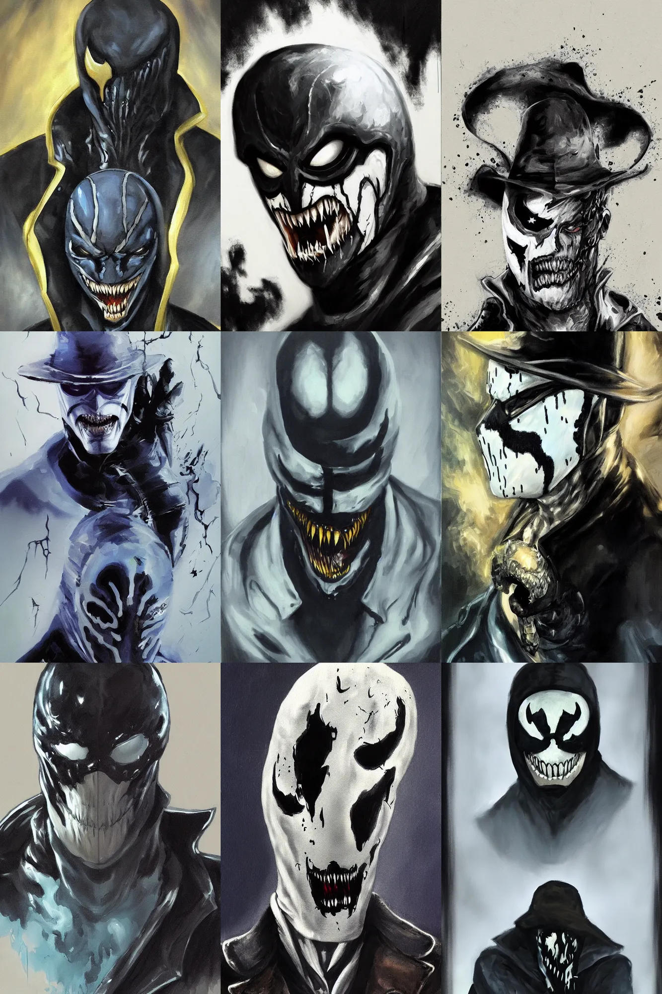 Prompt: Rorschach from Watchmen with Venom Symbiote, trending on artstation, oil painting brush