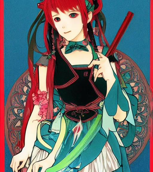 Prompt: Portrait of Hatsune Miku wearing red gothic lolita dress, perfectly drawn hands, beautiful, 4k, smooth, sharp focus, art by Alphonse Mucha and Shirow Masamune