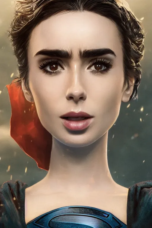 Image similar to a fancy close up of Man of Steel cast as Lily Collins by Greg Rutkowski, Sung Choi, Mitchell Mohrhauser, Maciej Kuciara, Johnson Ting, Maxim Verehin, Peter Konig, 8k photorealistic, cinematic lighting, HD, high details, dramatic, trending on artstation, full body shot