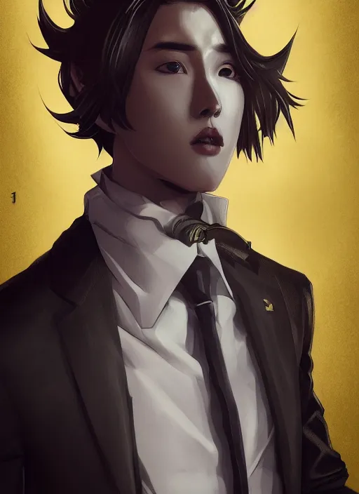 Image similar to a highly detailed illustration of kento yamazaki as pale skin hero wearing black suit and tie with coattails, yellow eyes, dramatic standing pose, intricate, elegant, highly detailed, centered, digital painting, artstation, concept art, smooth, sharp focus, league of legends concept art, wlop.