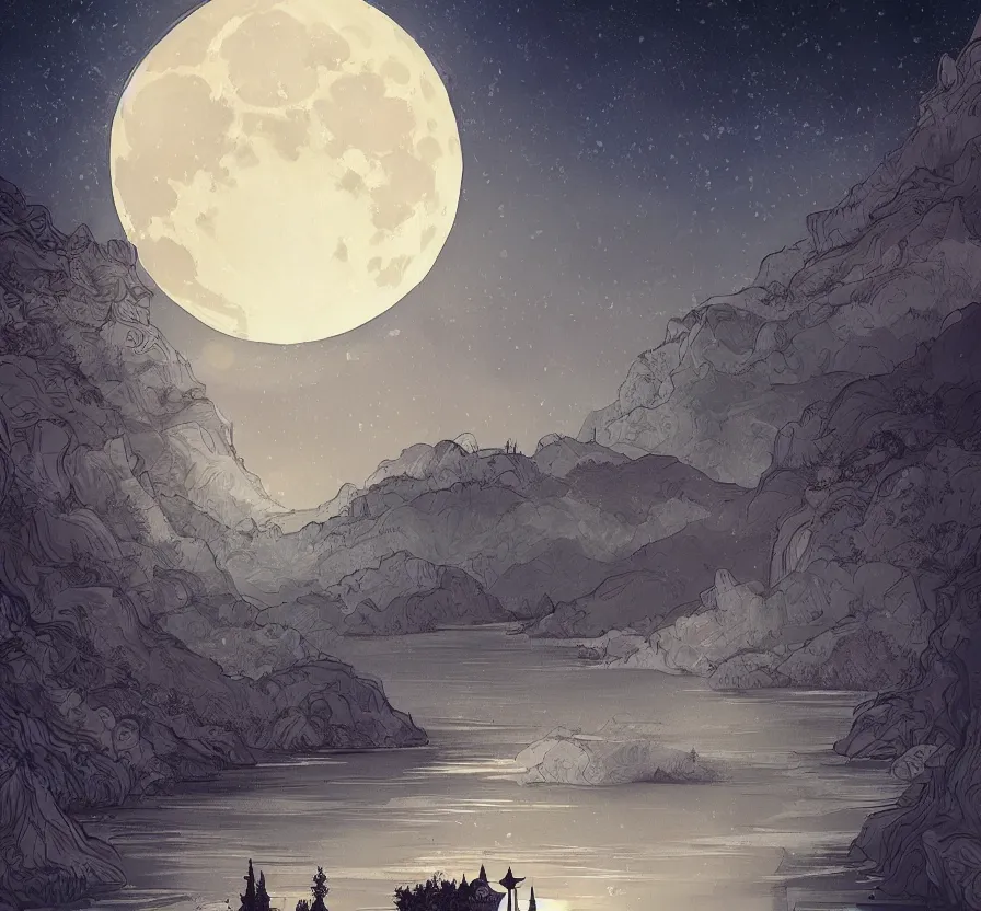 Image similar to day landscape with big moon background, acrilic paint, digital, artstation, detailed, intricate, ink, illustration, heavenly atmosphere