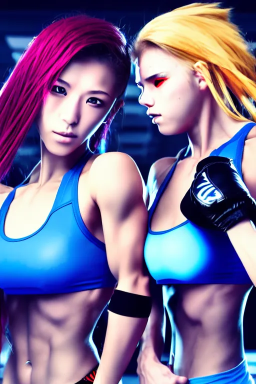Prompt: two beautiful identical female fighters facing each other in the gym, dim lighting, gorgeous features, high definition, sharp focus, detailed digital anime art
