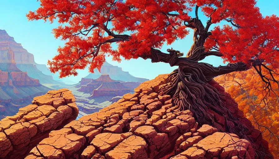 Prompt: single red maple tree growing in grand canyon, stream, tristan eaton, victo ngai, artgerm, rhads, ross draws, highly detailed, masterpiece