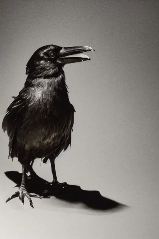 Prompt: photo of dark raven standing in a shadow from deep purple light of lantern, mystery, mysterious, soft shadows, soft dark muted colors, simple shapes, golden ratio, perfect composition, dramatic, medium close - up ( mcu ), cannon ef, 5 0 mm, f / 2. 8